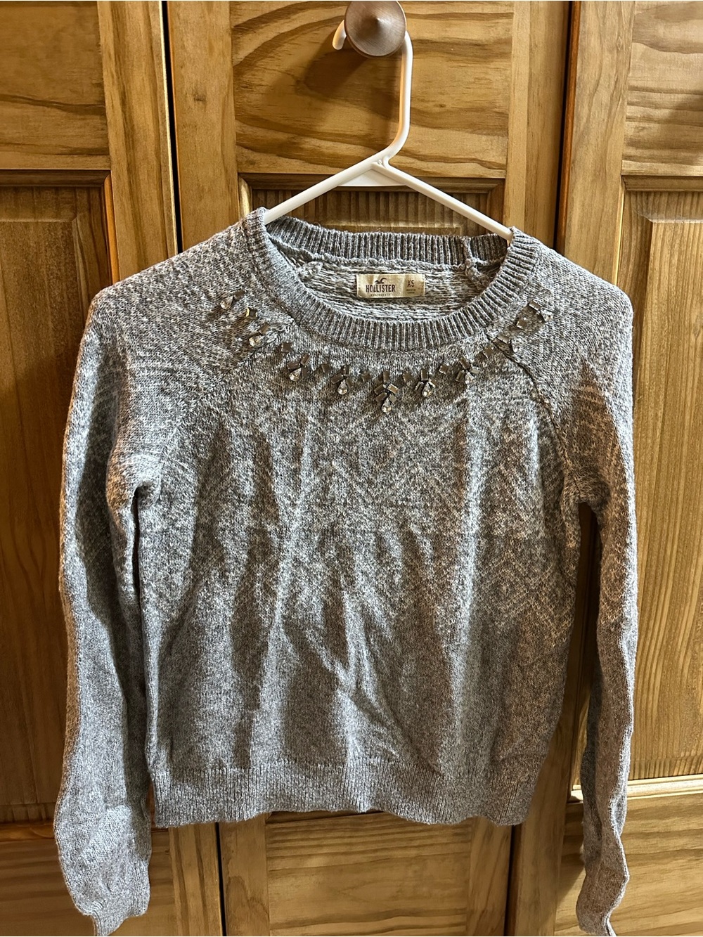 Hollister Light Gray Crystal-Embellished Crewneck Sweater
